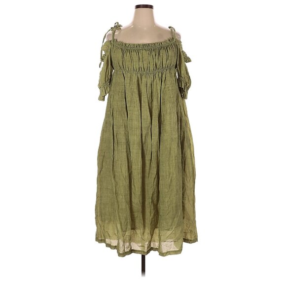 Linennaive La Luna 11 Off Shoulder Linen Dress Olive Large - Picture 3 of 4